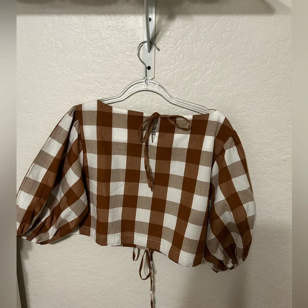 🛼Anthropologie WHIT TWO Gingham Brown and White Checkered Top size S GUC..